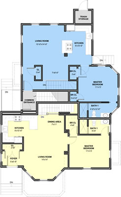 First Floor Floorplan – Units 2 (blue) & 1 (yellow)