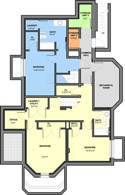 Lower Floor Floorplan – Units 2 (blue) & 1 (yellow)